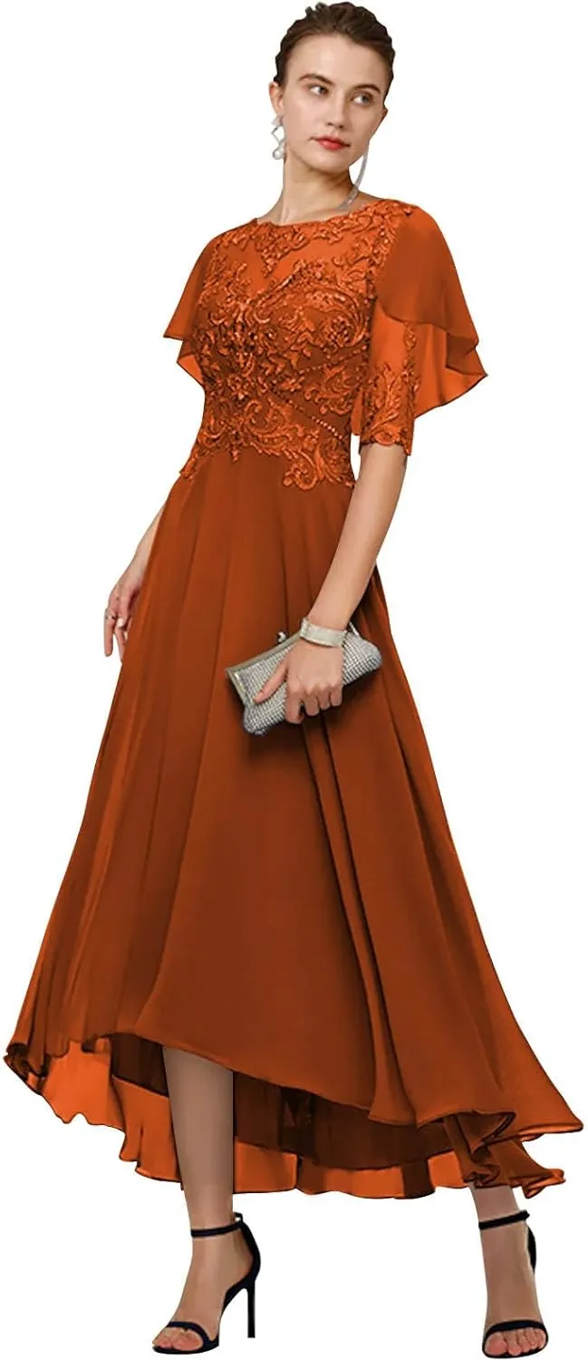 GUKARLEED Womens Mother of The Bride Dresses Formal Wedding Guest Scoop Neck Tea Length Chiffon Half Sleeve with Appliques
