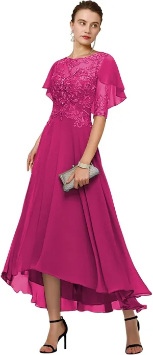GUKARLEED Womens Mother of The Bride Dresses Formal Wedding Guest Scoop Neck Tea Length Chiffon Half Sleeve with Appliques