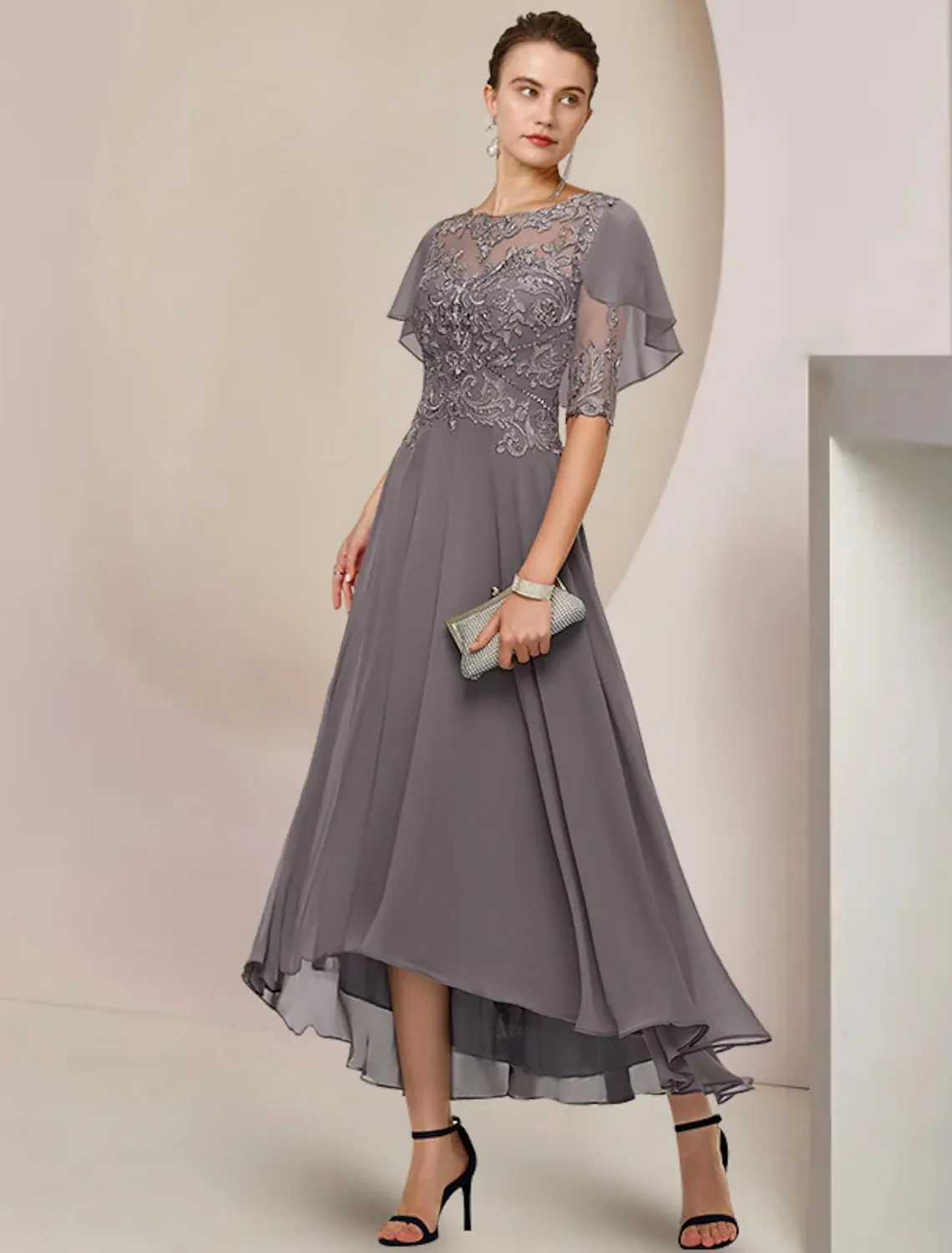 GUKARLEED Womens Mother of The Bride Dresses Formal Wedding Guest Scoop Neck Tea Length Chiffon Half Sleeve with Appliques