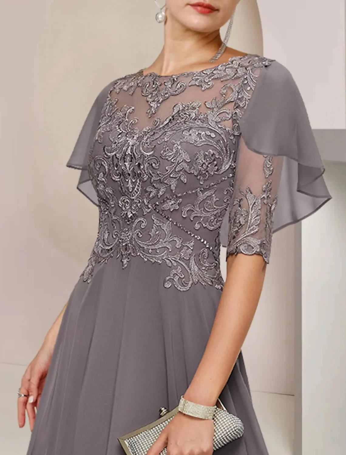 GUKARLEED Womens Mother of The Bride Dresses Formal Wedding Guest Scoop Neck Tea Length Chiffon Half Sleeve with Appliques