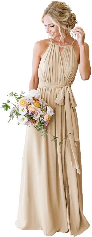 Halter Pleated Bridesmaid Dresses for Women 2025 Long Simple A Line Prom Dress with Pockets X06