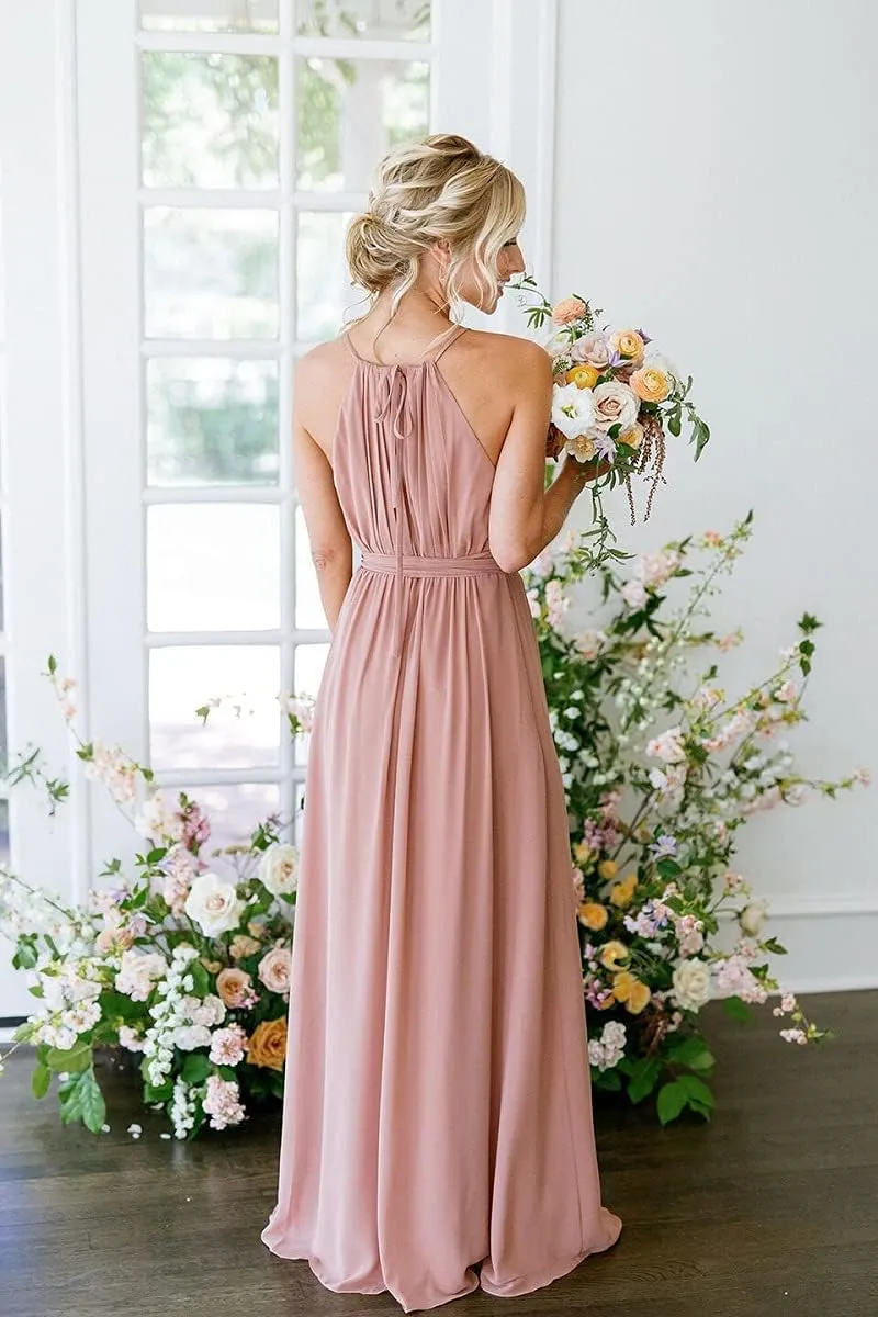 Halter Pleated Bridesmaid Dresses for Women 2025 Long Simple A Line Prom Dress with Pockets X06