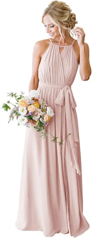 Halter Pleated Bridesmaid Dresses for Women 2025 Long Simple A Line Prom Dress with Pockets X06