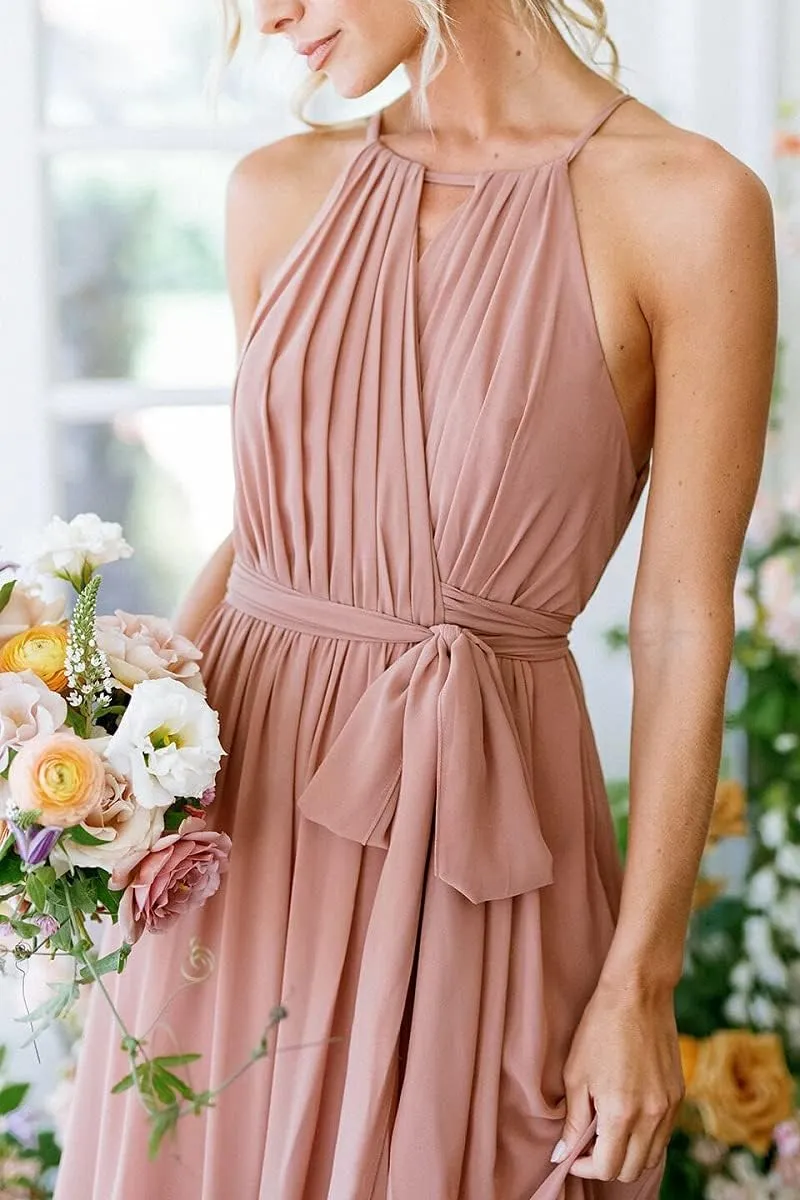 Halter Pleated Bridesmaid Dresses for Women 2025 Long Simple A Line Prom Dress with Pockets X06