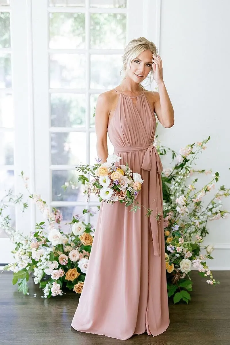Halter Pleated Bridesmaid Dresses for Women 2025 Long Simple A Line Prom Dress with Pockets X06