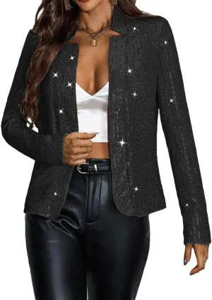 Haoohu Womens Sequin Short Jackets Long Sleeve Open Front Coat Glitter Blazer Casual Coat Party Clubwear