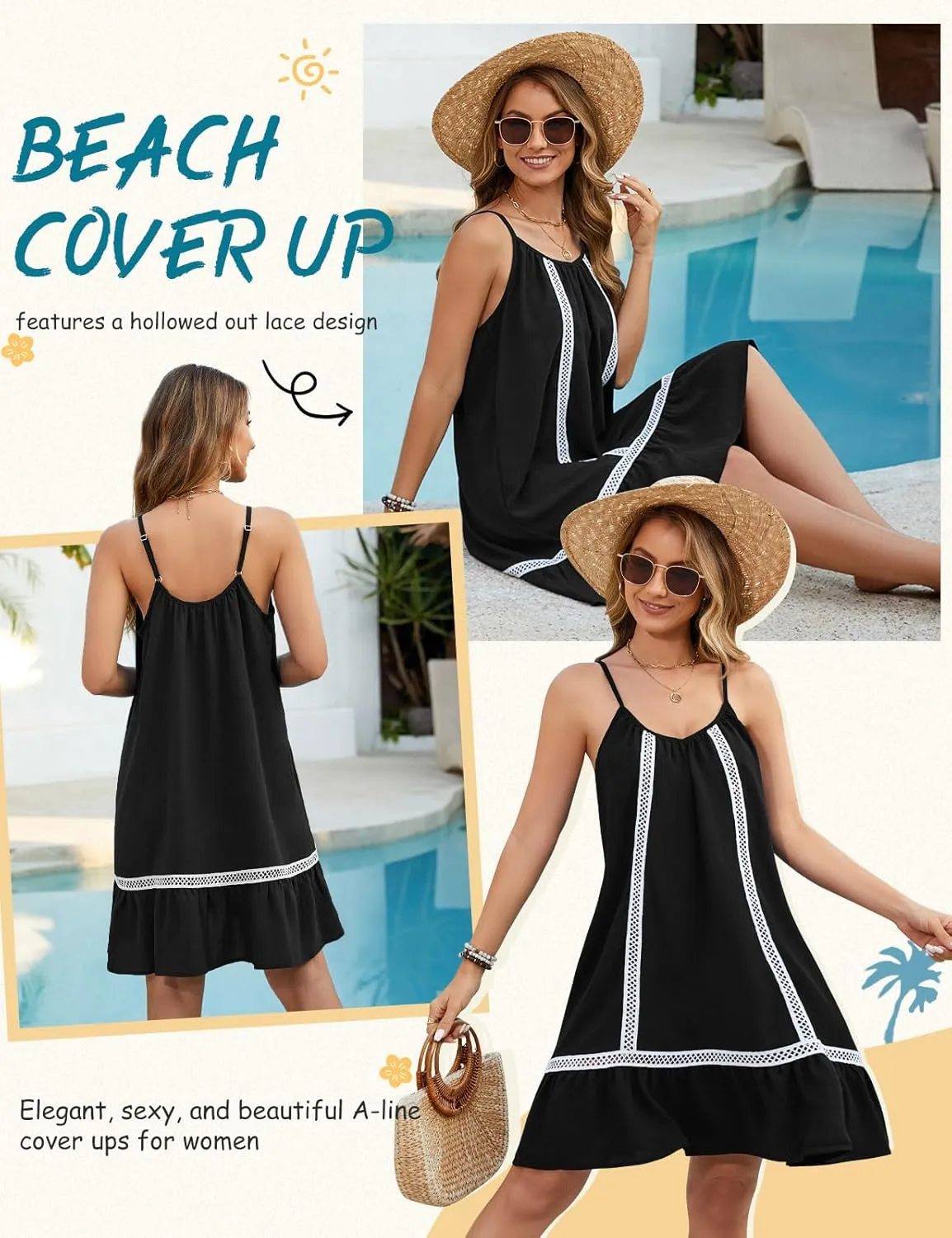 HEEKPEK Womens Bathing Suit Cover Up Spaghetti Strap Sleeveless Dress Summer Beach Flowy Sundresses Swimsuit Swimwear Coverup