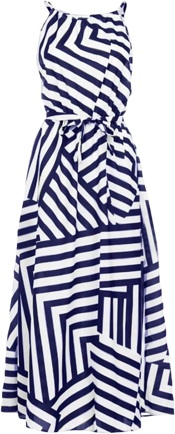 HGps8w Flowy Halter Dresses for Women Striped Sundress Summer Sleeveless Ruffle A Line Beach Vacation Maxi Dress
