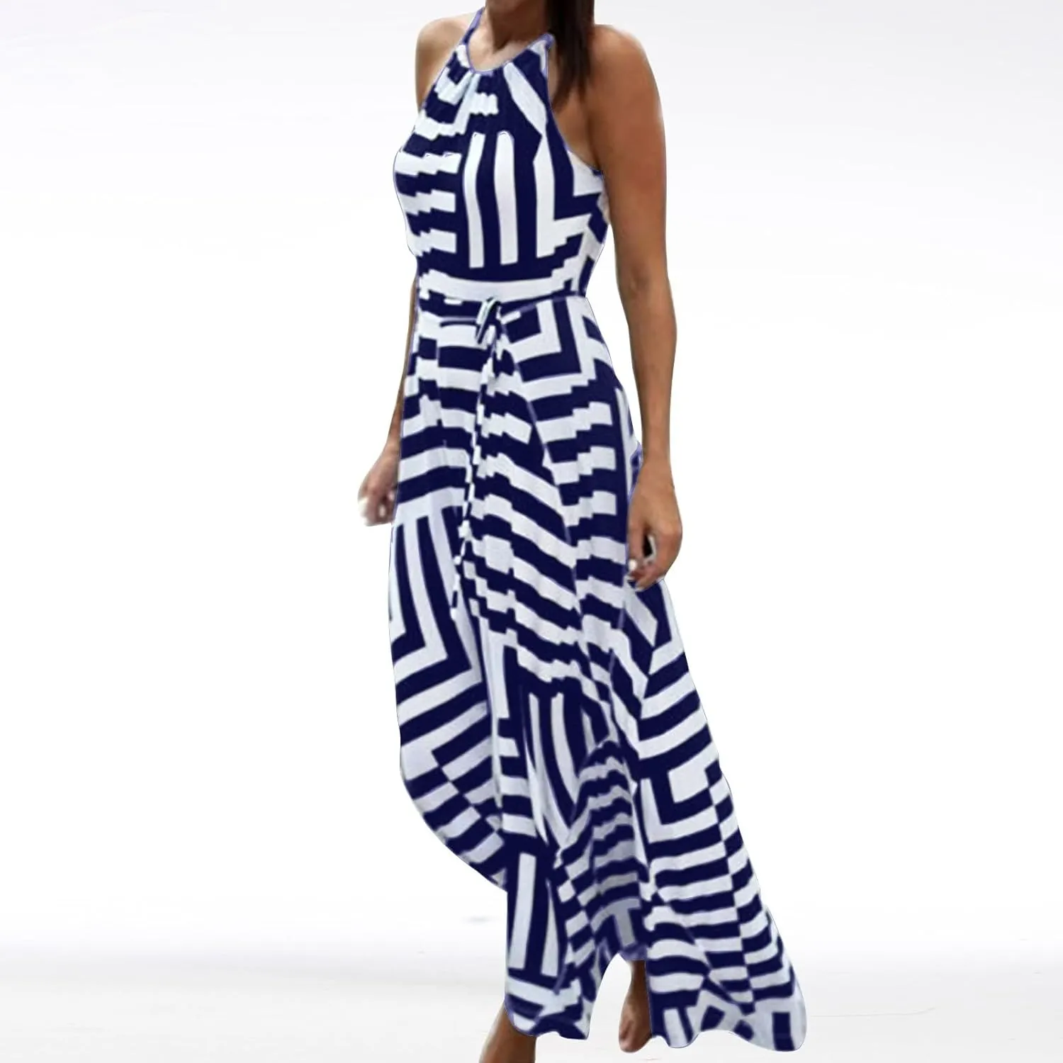 HGps8w Flowy Halter Dresses for Women Striped Sundress Summer Sleeveless Ruffle A Line Beach Vacation Maxi Dress