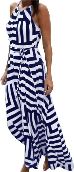 HGps8w Flowy Halter Dresses for Women Striped Sundress Summer Sleeveless Ruffle A Line Beach Vacation Maxi Dress
