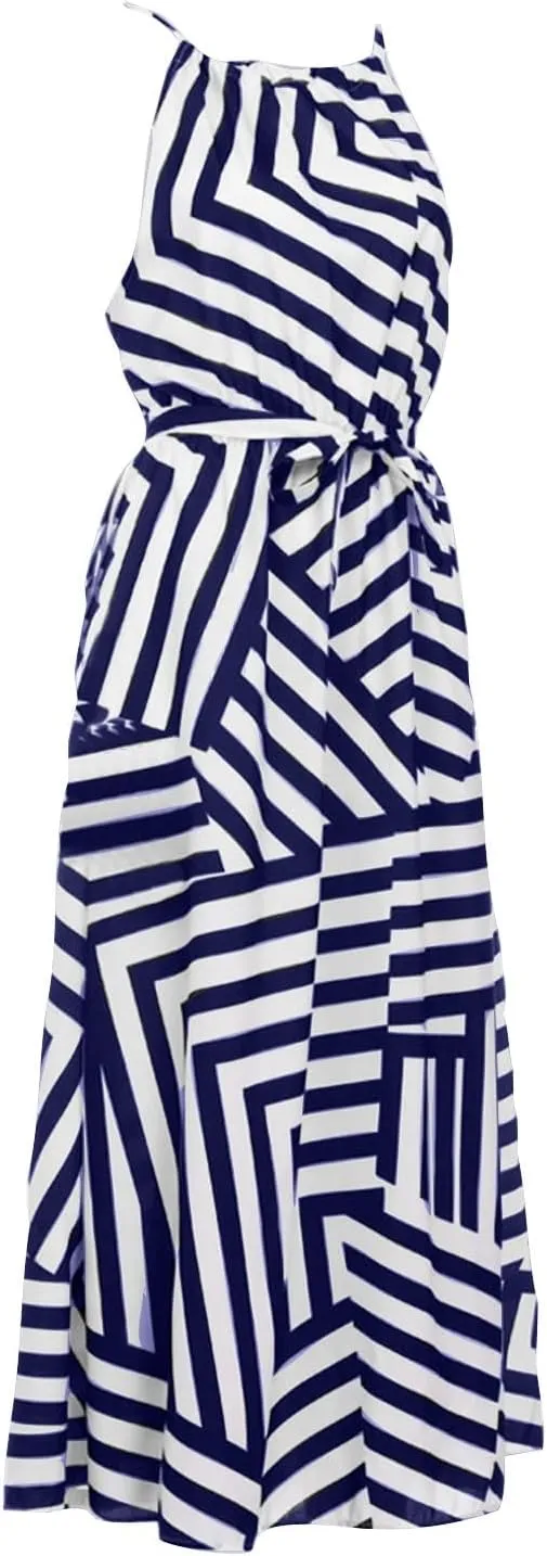 HGps8w Flowy Halter Dresses for Women Striped Sundress Summer Sleeveless Ruffle A Line Beach Vacation Maxi Dress