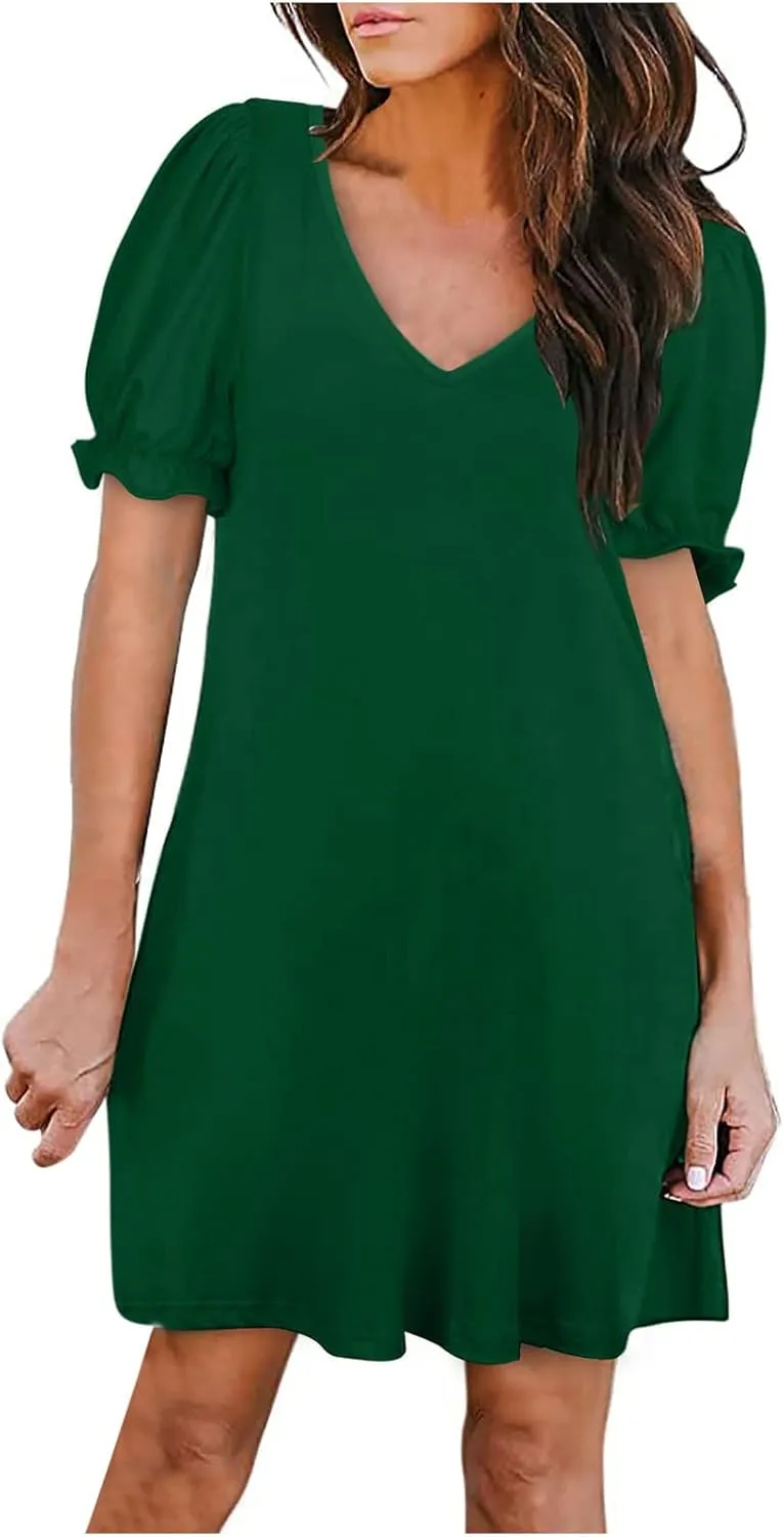 HGps8w Women's 2025 Casual Summer Dresses Cute Ruffle Hem V Neck Short Sleeve Solid Color A-Line Beach Sundress with Pockets