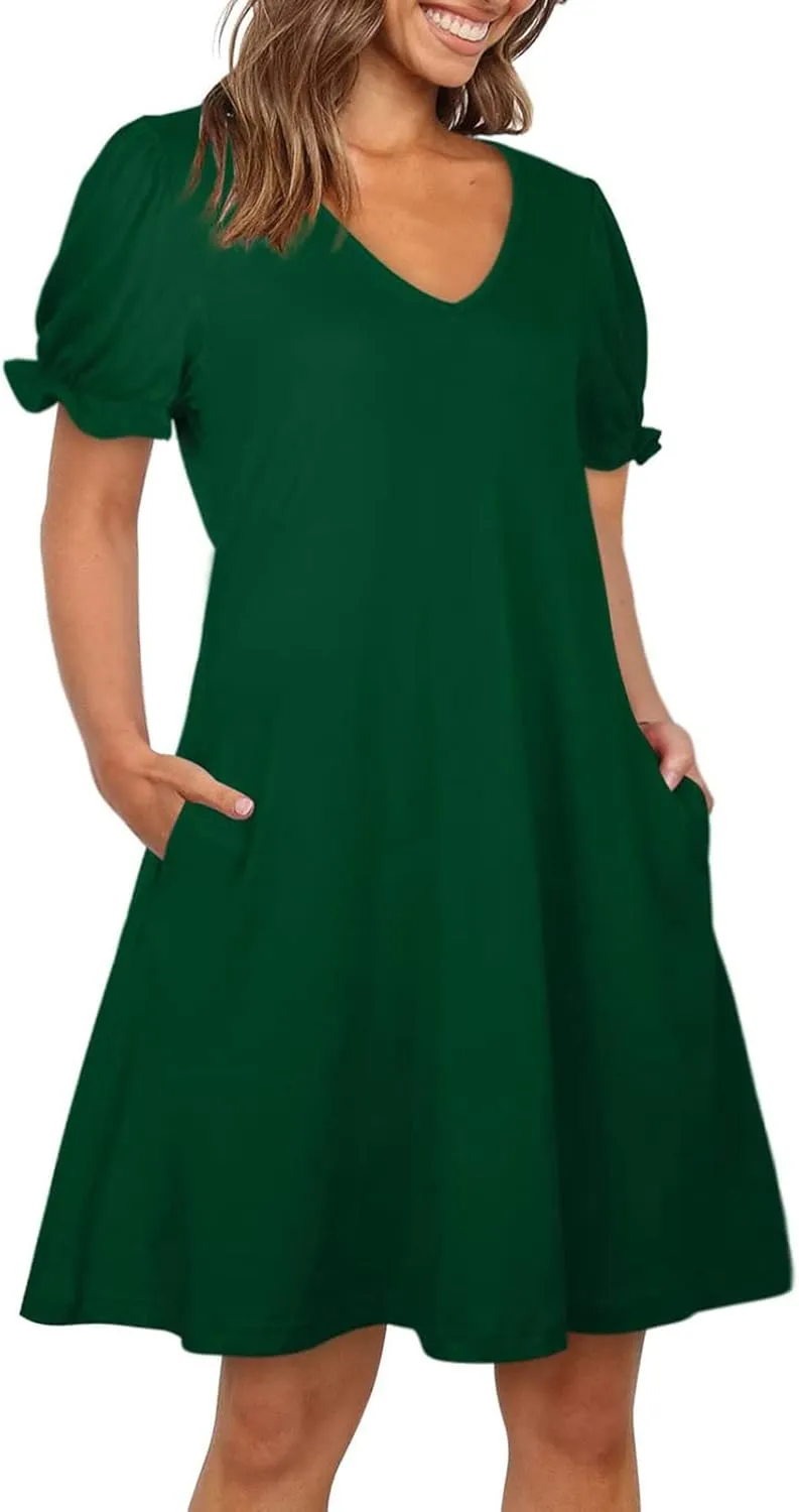 HGps8w Women's 2025 Casual Summer Dresses Cute Ruffle Hem V Neck Short Sleeve Solid Color A-Line Beach Sundress with Pockets