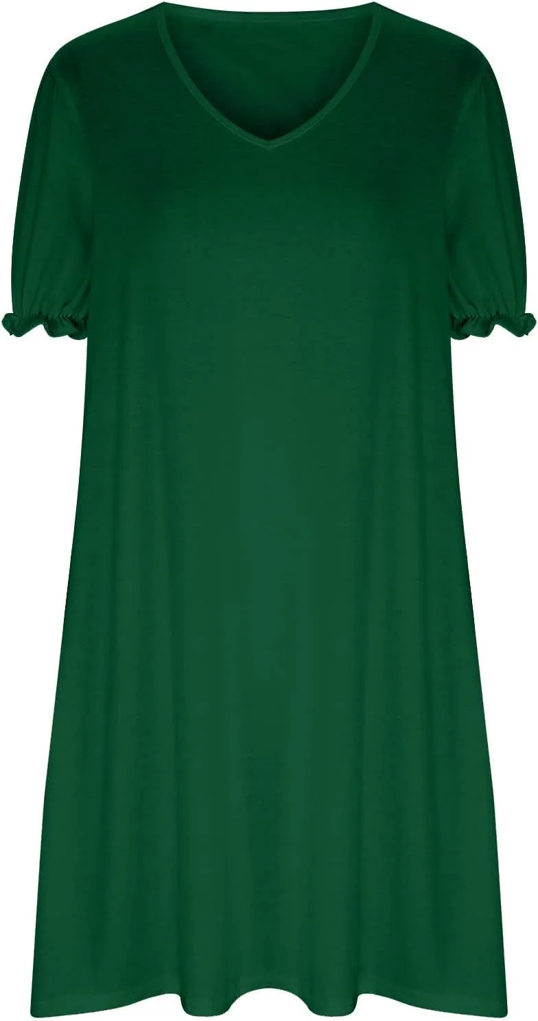 HGps8w Women's 2025 Casual Summer Dresses Cute Ruffle Hem V Neck Short Sleeve Solid Color A-Line Beach Sundress with Pockets