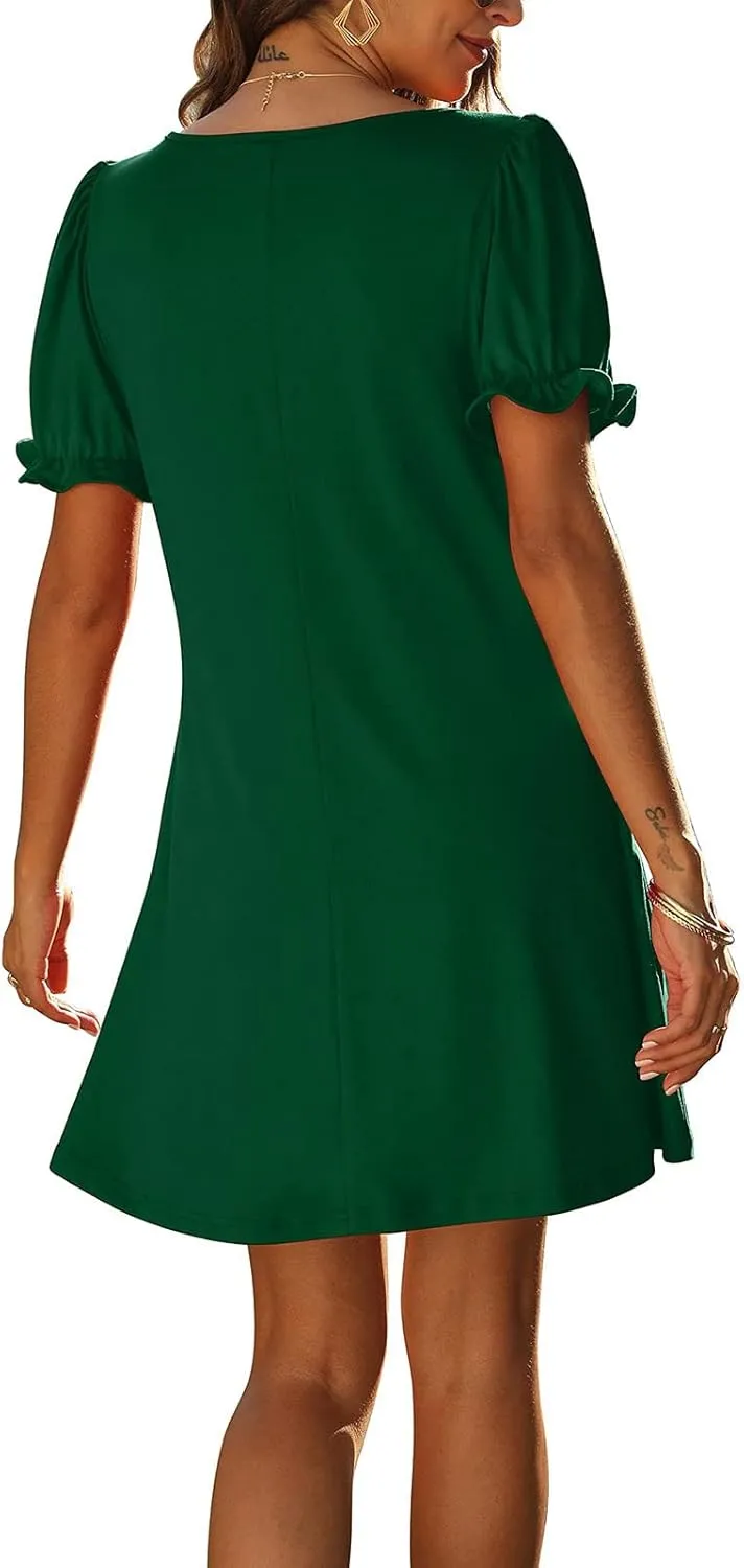 HGps8w Women's 2025 Casual Summer Dresses Cute Ruffle Hem V Neck Short Sleeve Solid Color A-Line Beach Sundress with Pockets