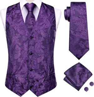 Hi-Tie Men's Silk Suit Vest Formal Vest for Men V Neck Jacquard Tie Handkerchief Cufflinks 4PCS Suits