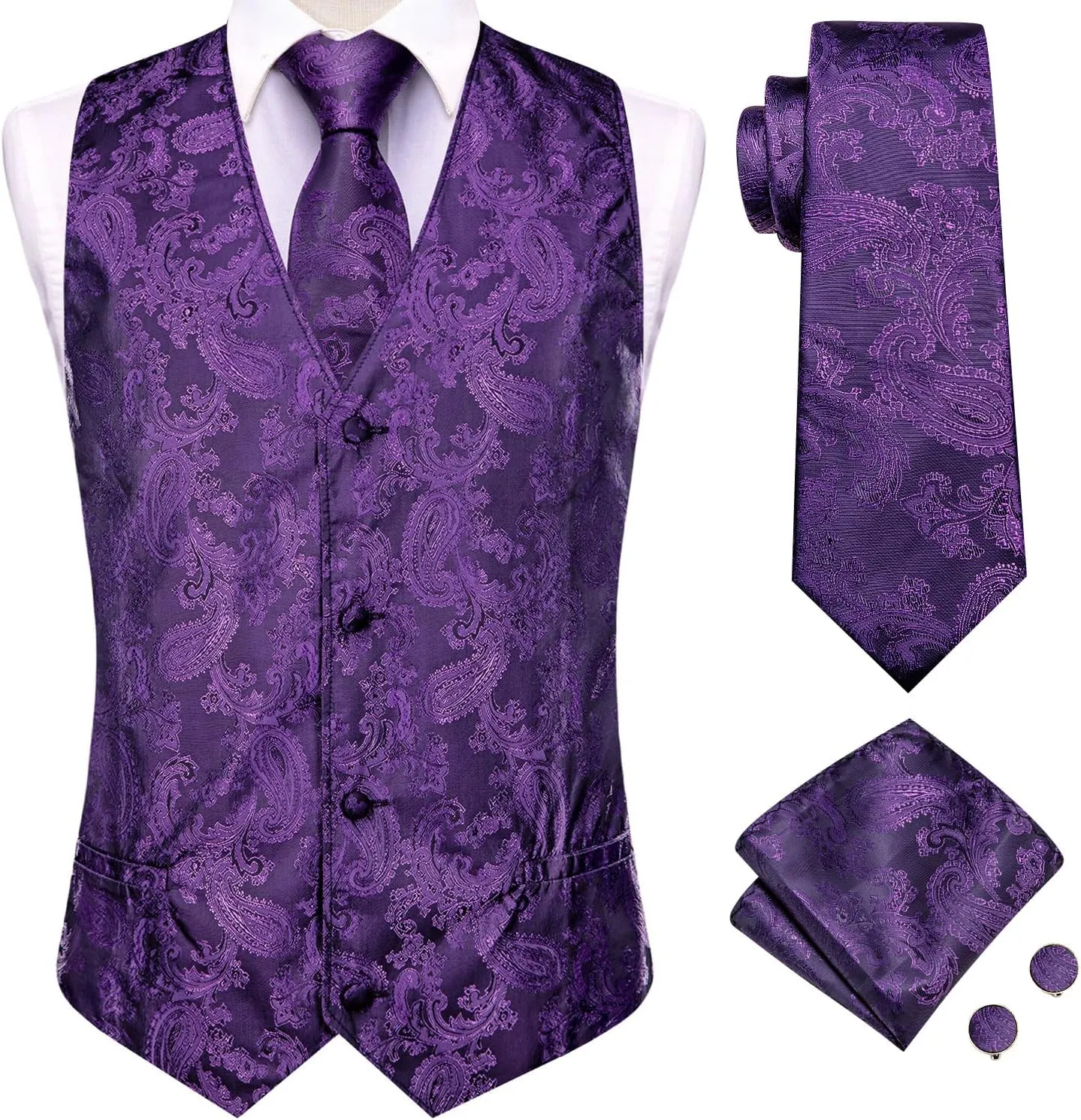 Hi-Tie Men's Silk Suit Vest Formal Vest for Men V Neck Jacquard Tie Handkerchief Cufflinks 4PCS Suits