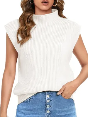 Himosyber Women's Solid Sleeveless Vest Elegant High Neck Stretchable Cap Sleeve Knit Sweater Tops
