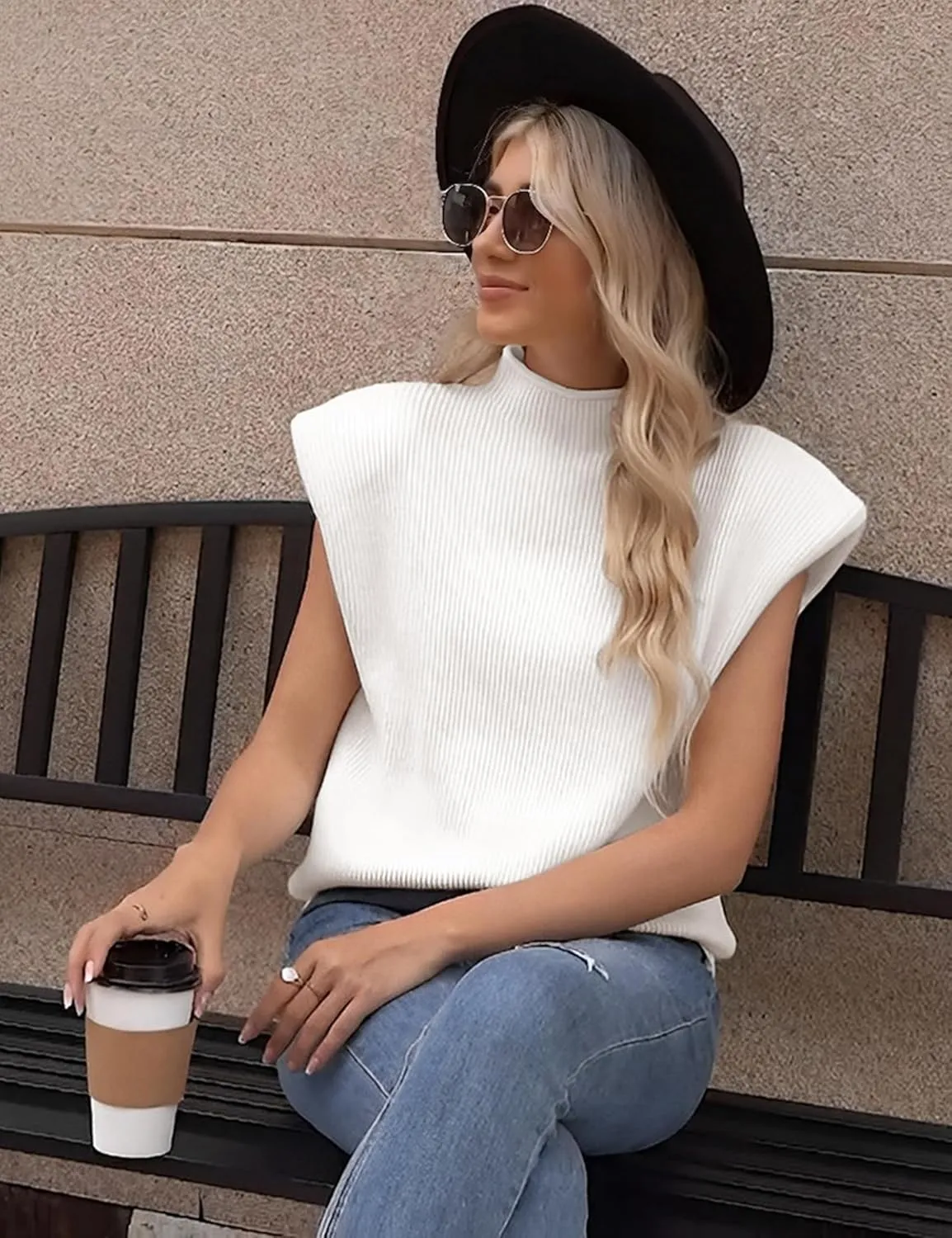 Himosyber Women's Solid Sleeveless Vest Elegant High Neck Stretchable Cap Sleeve Knit Sweater Tops