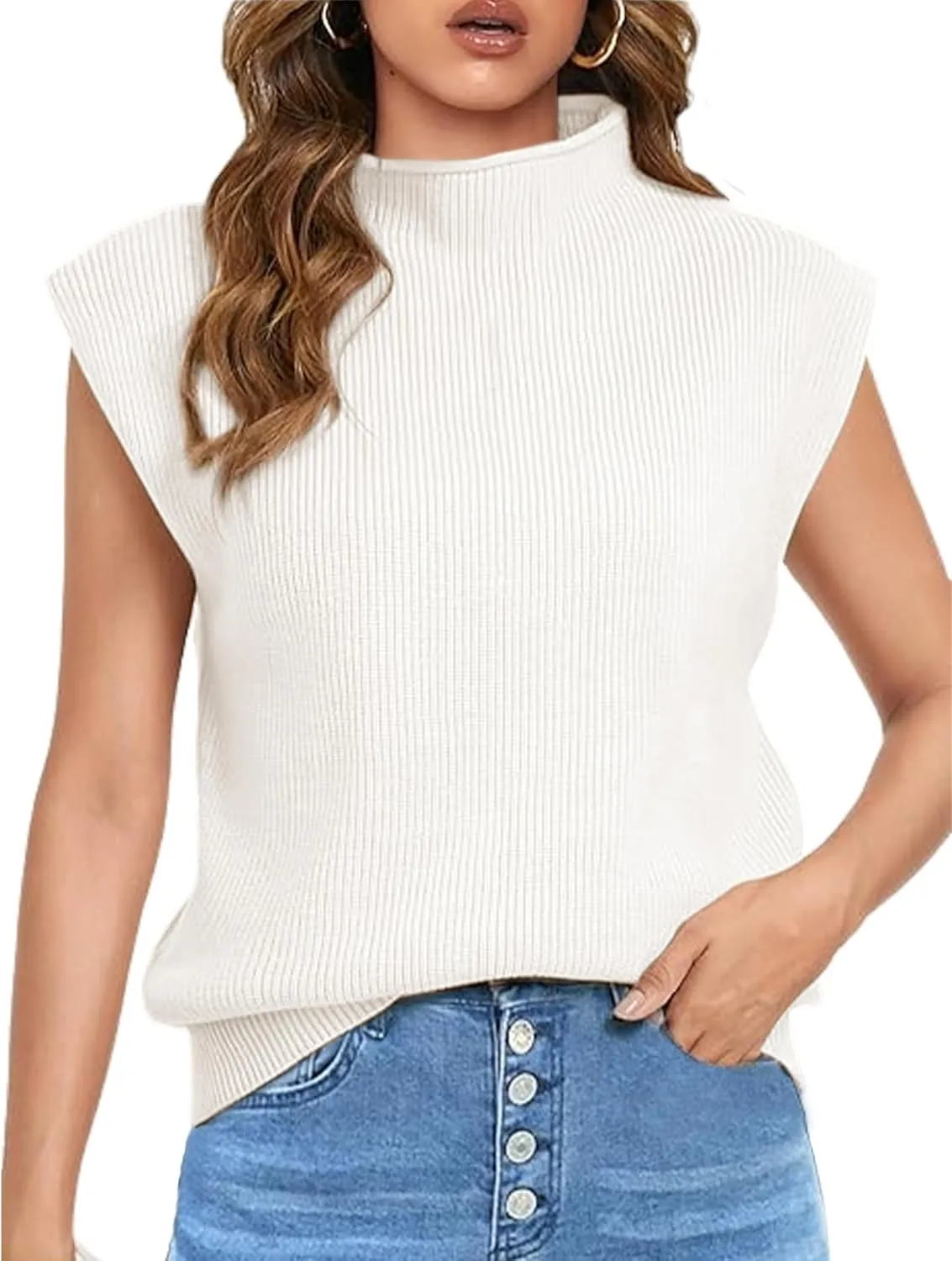 Himosyber Women's Solid Sleeveless Vest Elegant High Neck Stretchable Cap Sleeve Knit Sweater Tops