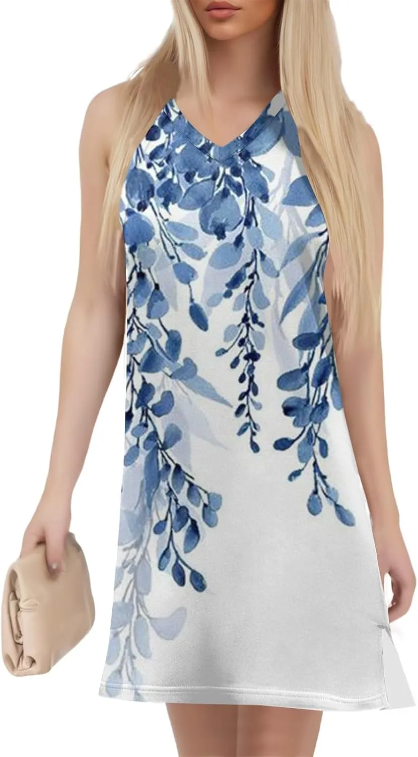 Hip Summer Sports Sundress Ladies Oversize Tanks Loose Fit Dress for Women Printed V Neck Comfort Dresses