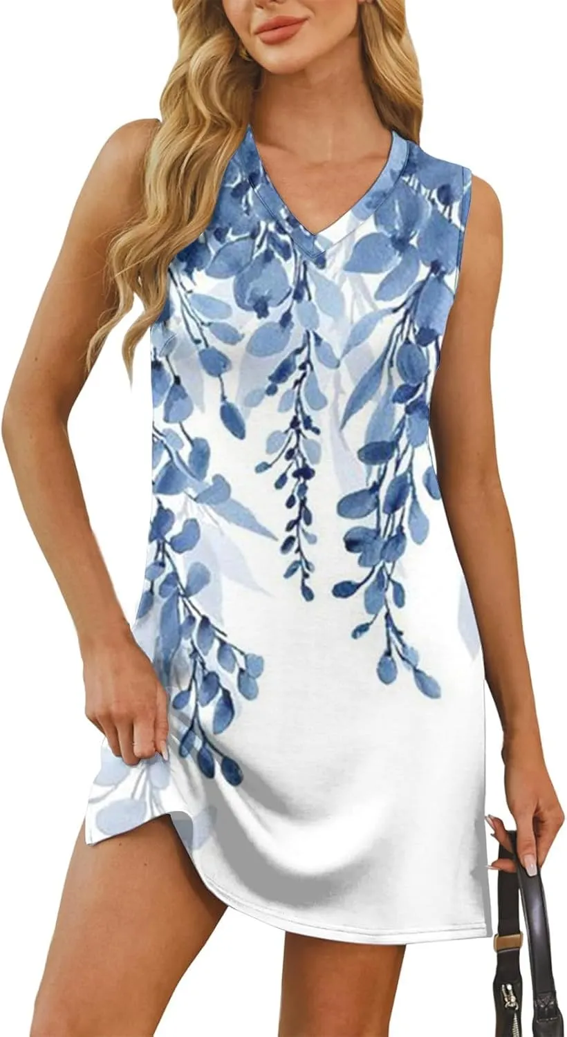 Hip Summer Sports Sundress Ladies Oversize Tanks Loose Fit Dress for Women Printed V Neck Comfort Dresses