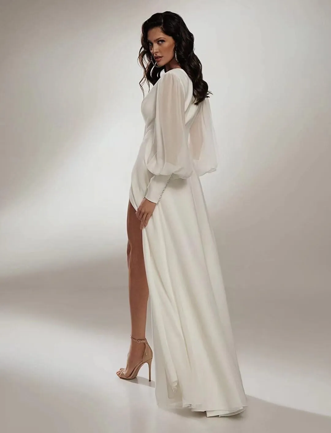 homdor V Neck Long Sleeve Bridesmaid Dress Chiffon Prom Dress Wrap Formal Evening Gowns for Women with Slit