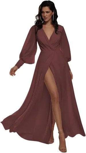 homdor V Neck Long Sleeve Bridesmaid Dress Chiffon Prom Dress Wrap Formal Evening Gowns for Women with Slit