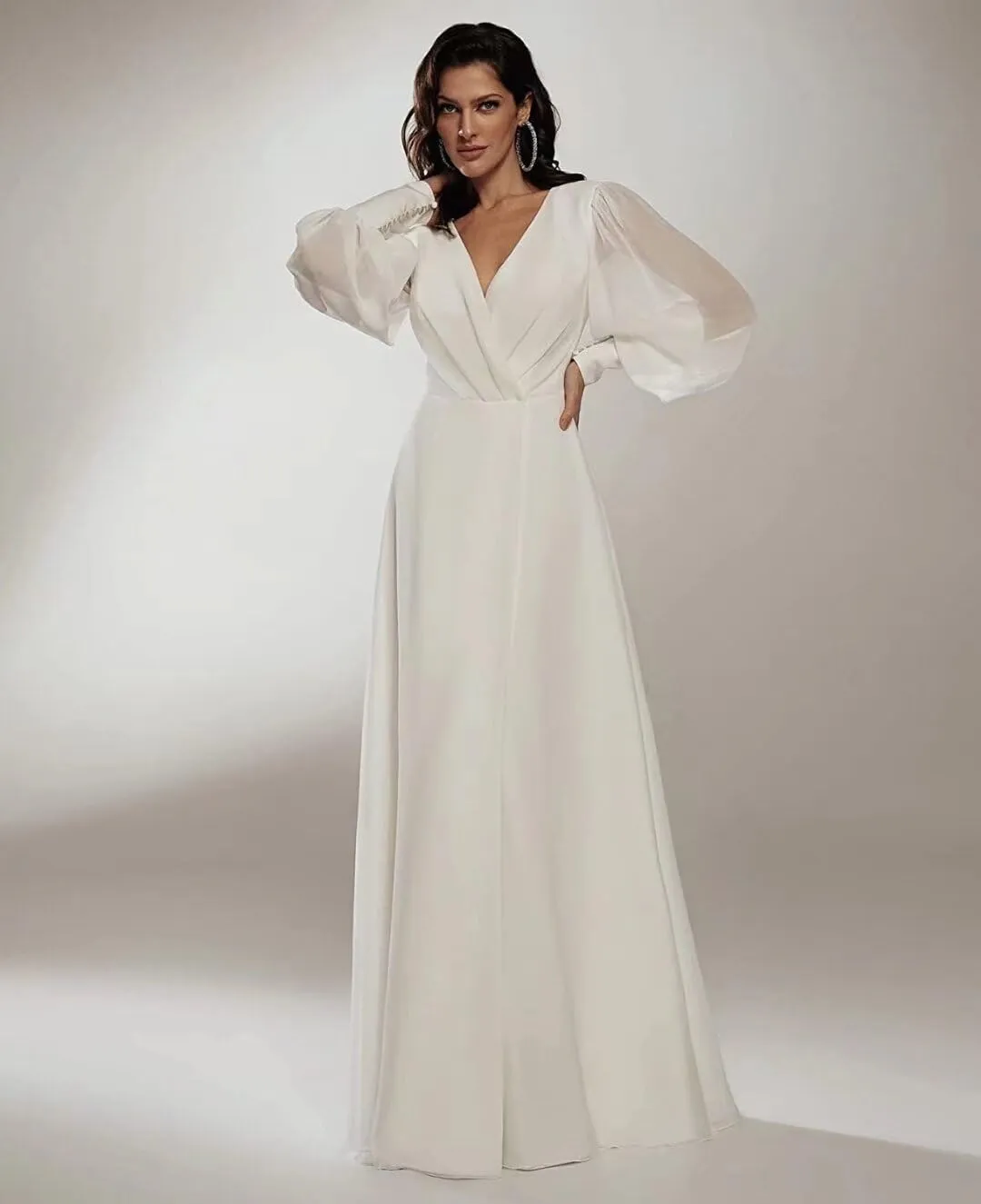 homdor V Neck Long Sleeve Bridesmaid Dress Chiffon Prom Dress Wrap Formal Evening Gowns for Women with Slit