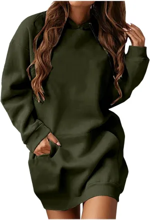 Hoodie Dress for Women Solid Colour Long Sleeve Pullover Tops with Pocket Oversized Casual Fashion Sweatshirt Dress