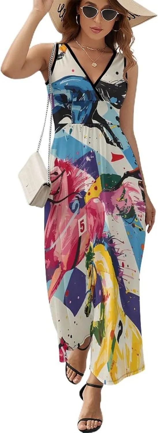 Horse Races Sleeveless Maxi Dress for Women V Neck Sundresses Casual Ankle Length Long Beach Dress