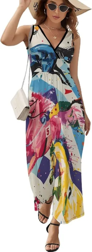 Horse Races Sleeveless Maxi Dress for Women V Neck Sundresses Casual Ankle Length Long Beach Dress