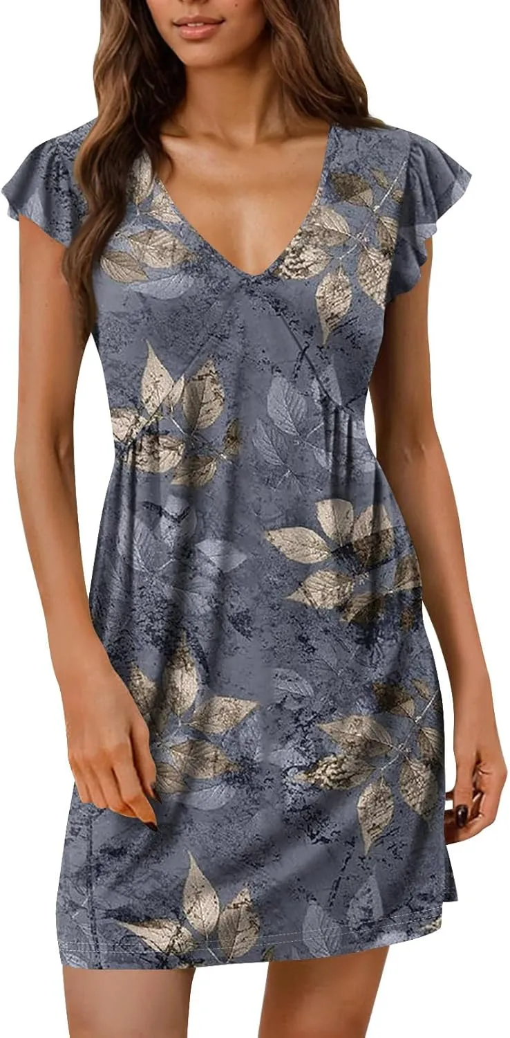 House Dresses for Women Floral Deep V Neck Flowy Western Mini Dress House Ruffle Cap Sleeve Casual Beach Sundresses