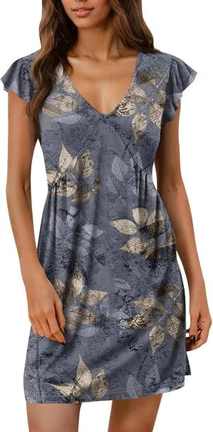 House Dresses for Women Floral Deep V Neck Flowy Western Mini Dress House Ruffle Cap Sleeve Casual Beach Sundresses