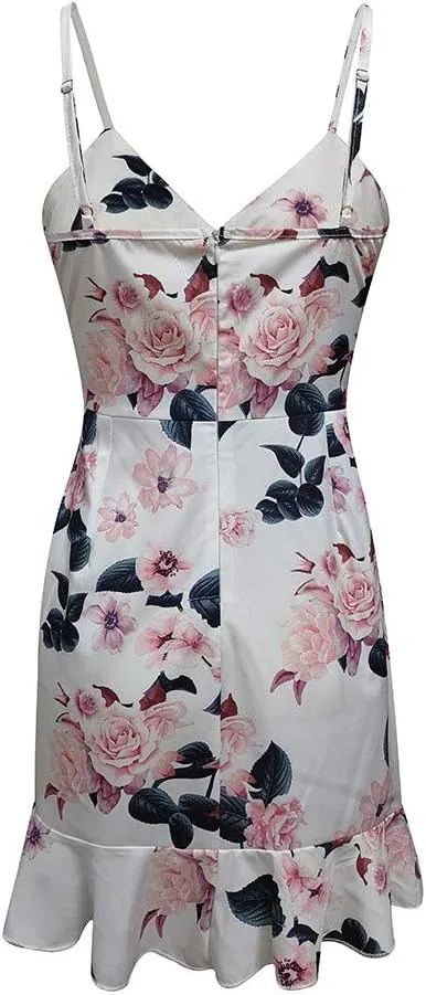 iQKA Womens Floral Print Spaghetti Strap Mini Dress Ladies Ruffle Summer Beach Party Dress Vestido
