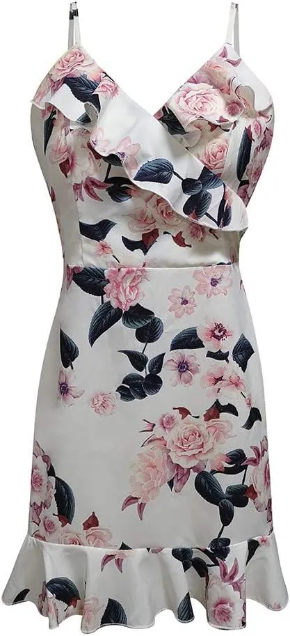 iQKA Womens Floral Print Spaghetti Strap Mini Dress Ladies Ruffle Summer Beach Party Dress Vestido