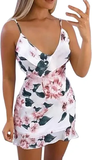 iQKA Womens Floral Print Spaghetti Strap Mini Dress Ladies Ruffle Summer Beach Party Dress Vestido