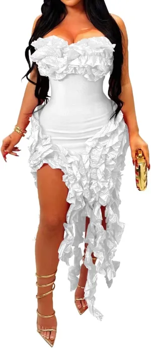 IyMoo Women Sexy Strapless Ruffle Bodycon Dress Solid Color Fringe Slim Party Cocktail Bandage Dresses