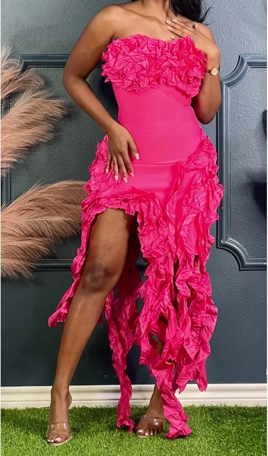 IyMoo Women Sexy Strapless Ruffle Bodycon Dress Solid Color Fringe Slim Party Cocktail Bandage Dresses