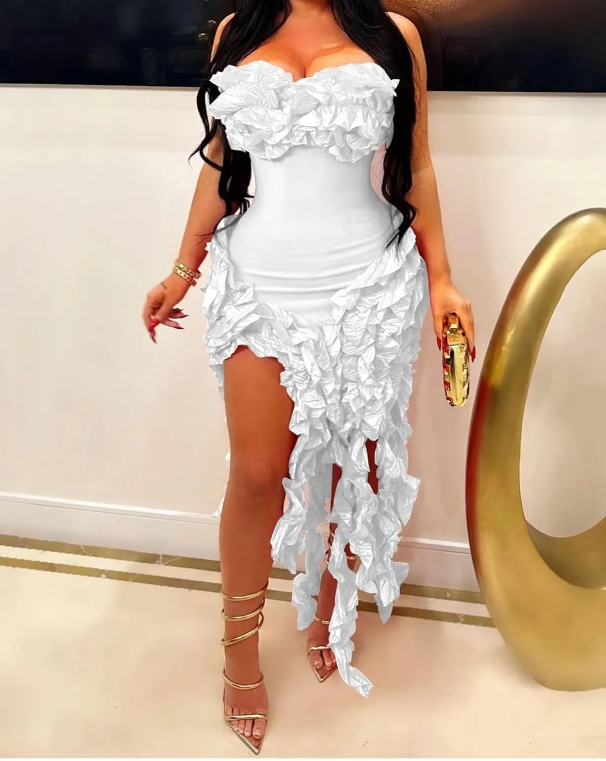 IyMoo Women Sexy Strapless Ruffle Bodycon Dress Solid Color Fringe Slim Party Cocktail Bandage Dresses