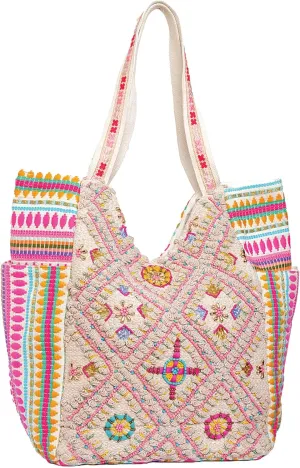 JEN & CO. Women's Vintage Textured Bohemian Sling Shoulder Tote Bag Beaded Canvas With Vibrant and Colorful Patterns