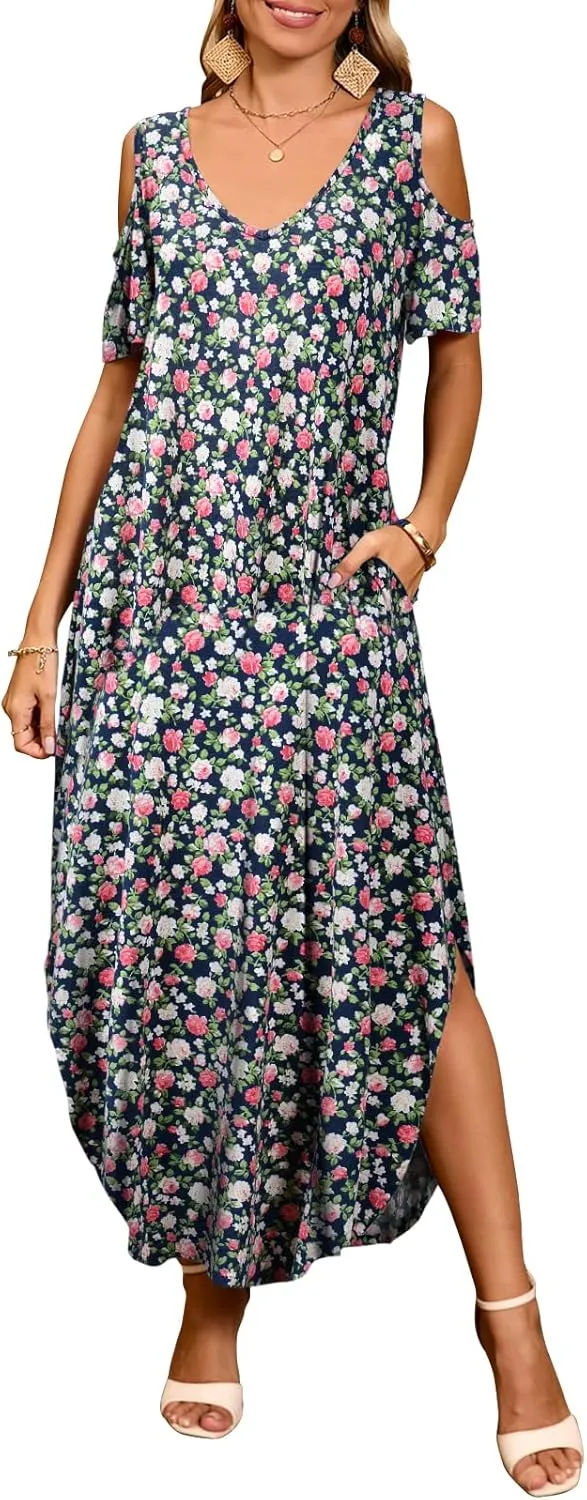 JollieLovin Womens Plus Size Casual Summer Maxi Long Dress Cold Shoulder V Neck Beach Sundresses