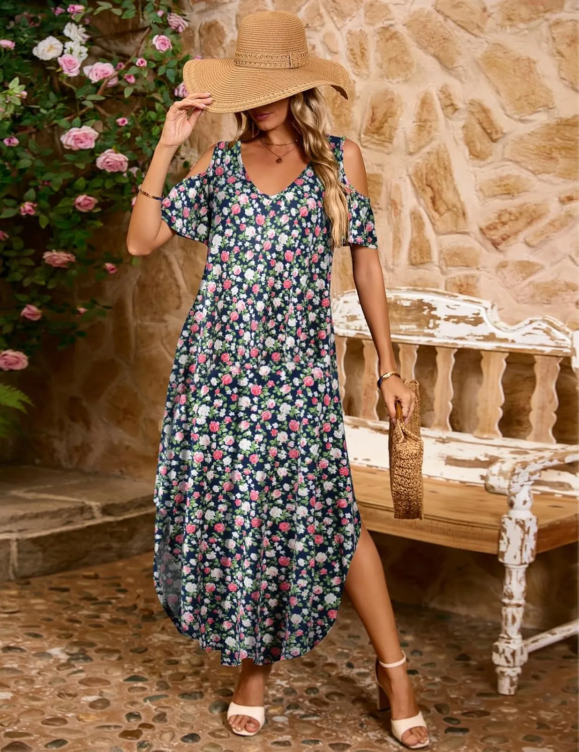 JollieLovin Womens Plus Size Casual Summer Maxi Long Dress Cold Shoulder V Neck Beach Sundresses