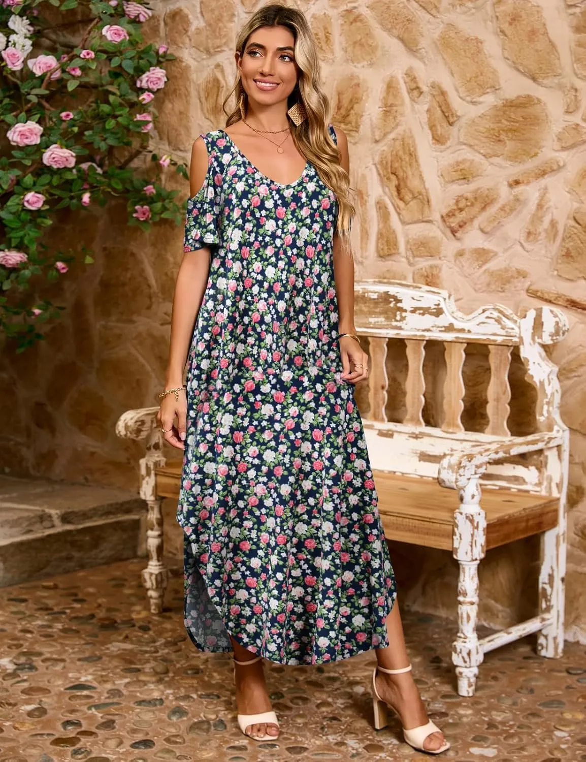 JollieLovin Womens Plus Size Casual Summer Maxi Long Dress Cold Shoulder V Neck Beach Sundresses