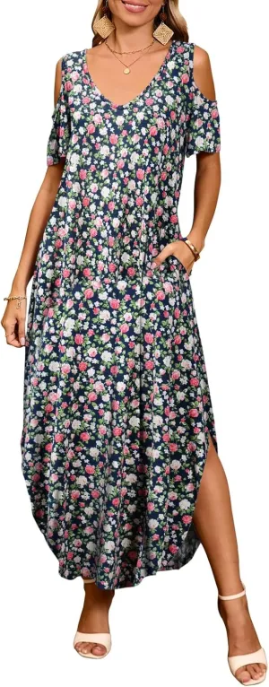 JollieLovin Womens Plus Size Casual Summer Maxi Long Dress Cold Shoulder V Neck Beach Sundresses