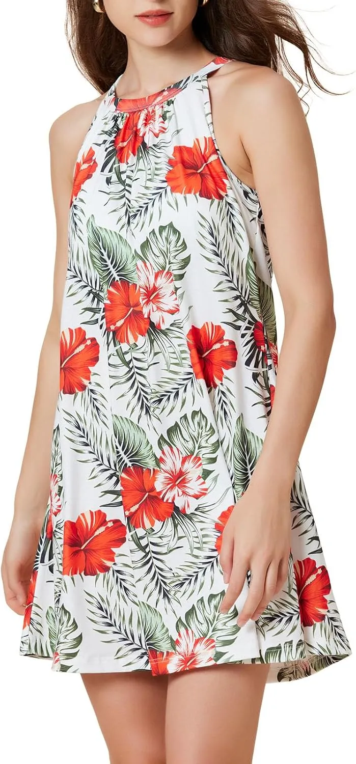 JOYSHAPER Built in Bra Summer Dress Casual Beach Sundress Flowy Halter Dress
