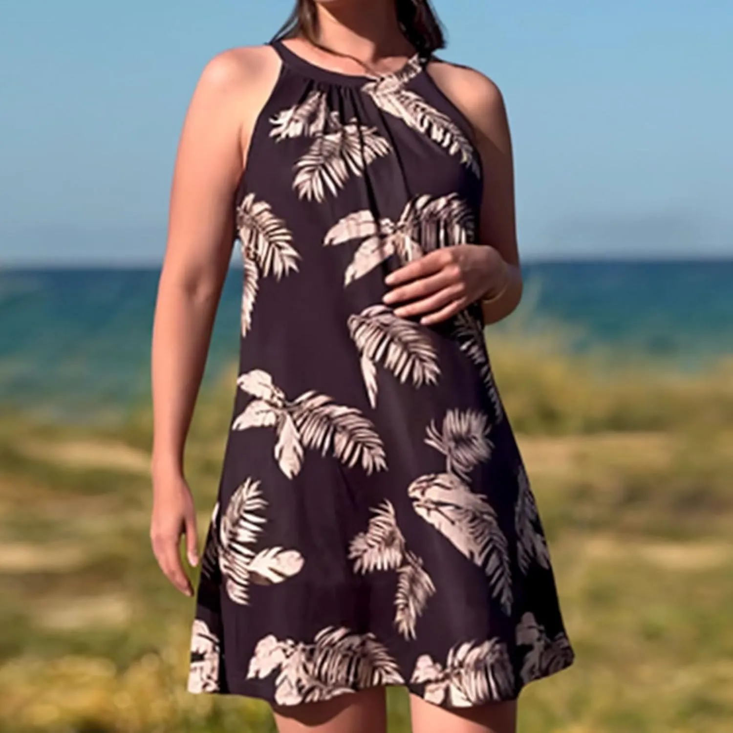 JOYSHAPER Built in Bra Summer Dress Casual Beach Sundress Flowy Halter Dress