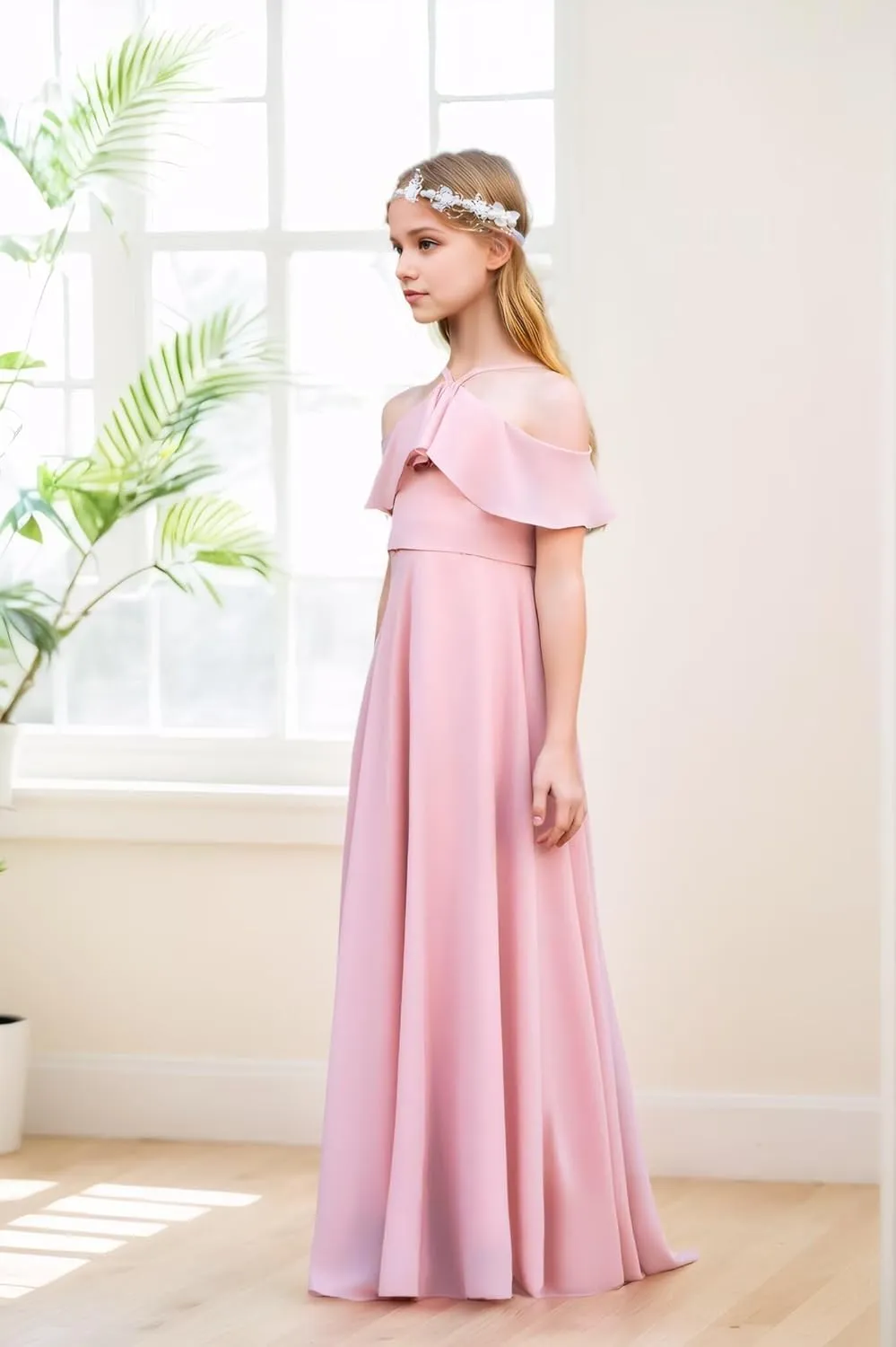 Junior Bridesmaid Dresses Flower Girl Dress Chiffon Maxi Sleeveless A-line for Wedding Teen Girls Party Gowns