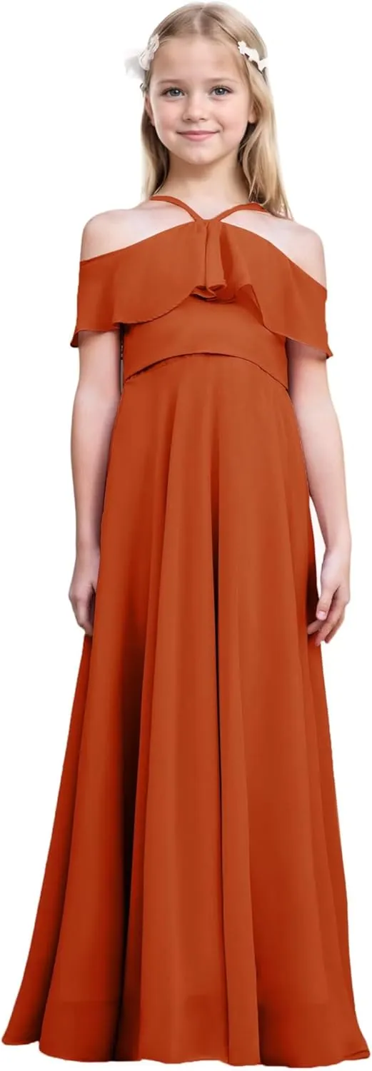 Junior Bridesmaid Dresses Flower Girl Dress Chiffon Maxi Sleeveless A-line for Wedding Teen Girls Party Gowns