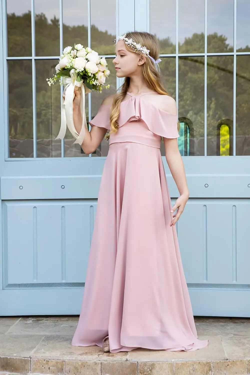 Junior Bridesmaid Dresses Flower Girl Dress Chiffon Maxi Sleeveless A-line for Wedding Teen Girls Party Gowns